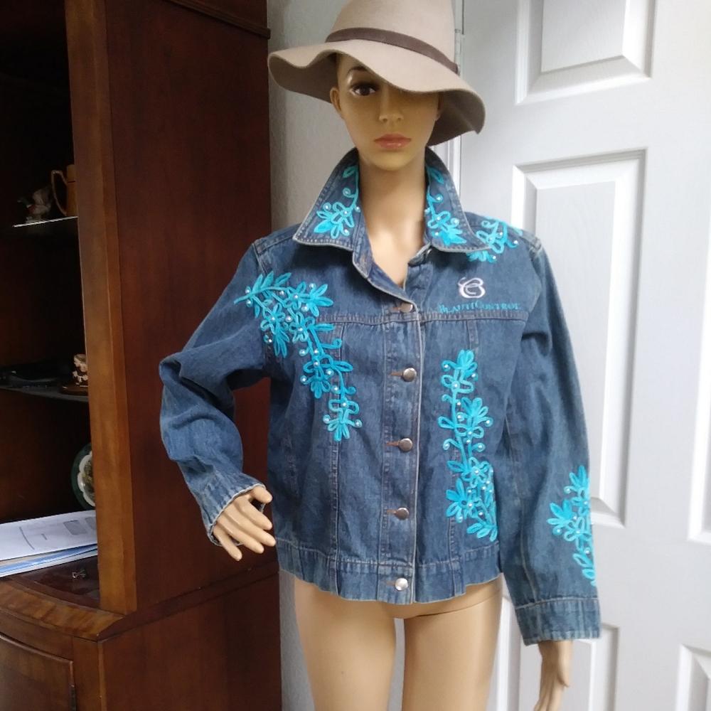 Denim Jean Jacket with Tourquoise Embroidery Sz M